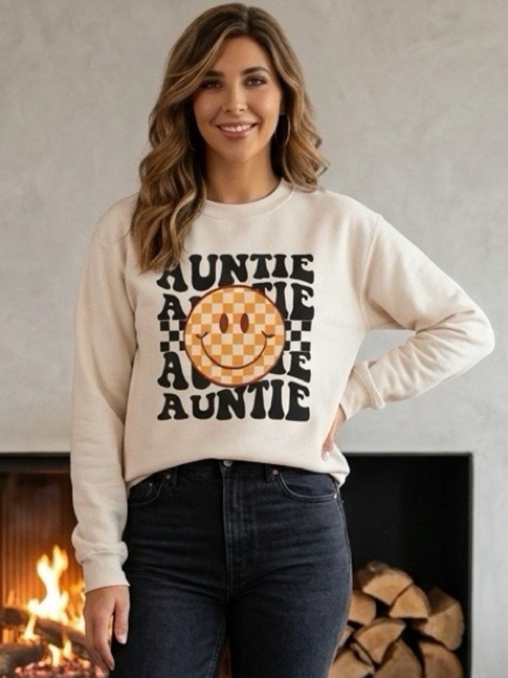 Stafaz Women's Cream HAPPY FACE AUNTIE Sweatshirt Women’s Size Medium